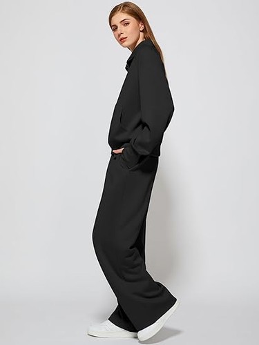 Women's 2 Piece Outfits Lounge Set Half Zip Wide Leg Set Sweatsuit Tracksuit - Picture 80 of 114