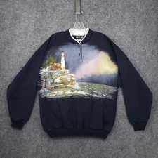 VINTAGE Art Unlimited Sweatshirt Mens XL Blue Lighthouse Nature AOP Henley 90s