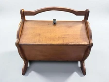 Vtg Wood Sewing Box Caddy Basket Double Flip Top Doors Lid Wooden Tray Contents