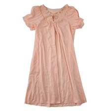 Vintage Peach Embroidered Nightgown Lace Trim Floral Short Sleeve Sleep Dress