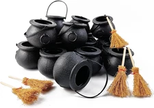 24Pcs/Set Mini Plastic Cauldron with Mini Witch Brooms, Witch Calderon Pot Bl...