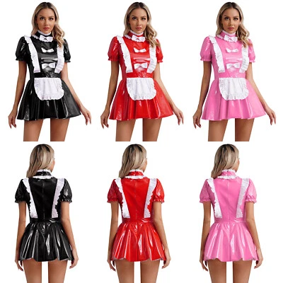 DE Damen Wetlook Dienstmädchen Kleid Kurzarm Französische Schürze Maid Kleid - Bild 1 von 3