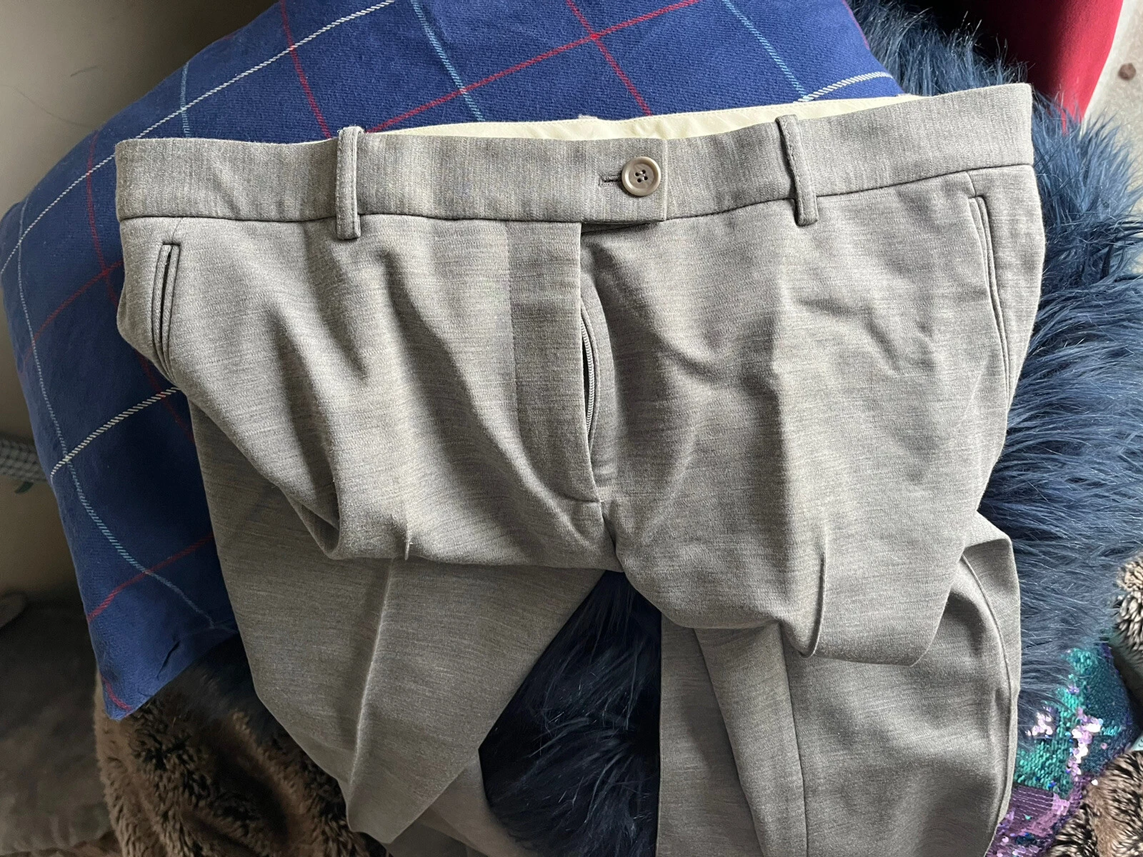 Moschino pantaloni eleganti gamba svasata IT 46 grigio UK 14 pantaloni lana Lana £800 rari