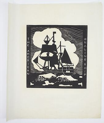 Primitive Folk Art Tile Cut on Paper ca1925 AMERICAN WHALING SHIP 11'' x 14''