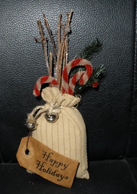 Prim Mini Santa Bag Ornie with Chenille Candy Canes Jingle Bell Honey & Me