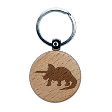 Triceratops Dinosaur Solid Engraved Wood Round Keychain Tag Charm