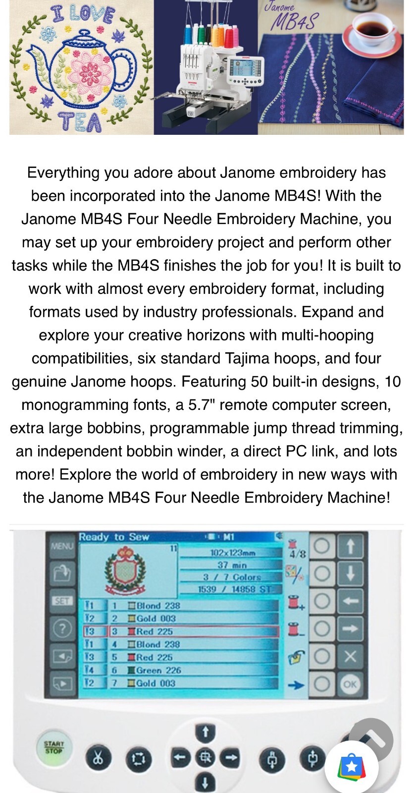 Janome MB4S Commercial 4 Needle Embroidery Machine NEW In Box