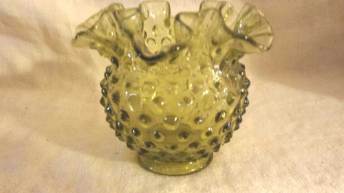 Fenton Green Hobnail Flower Vase, Signed
