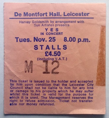 Yes Original Used Concert Ticket De Montfort Hall Leicester 25th Nov 1980 Ebay
