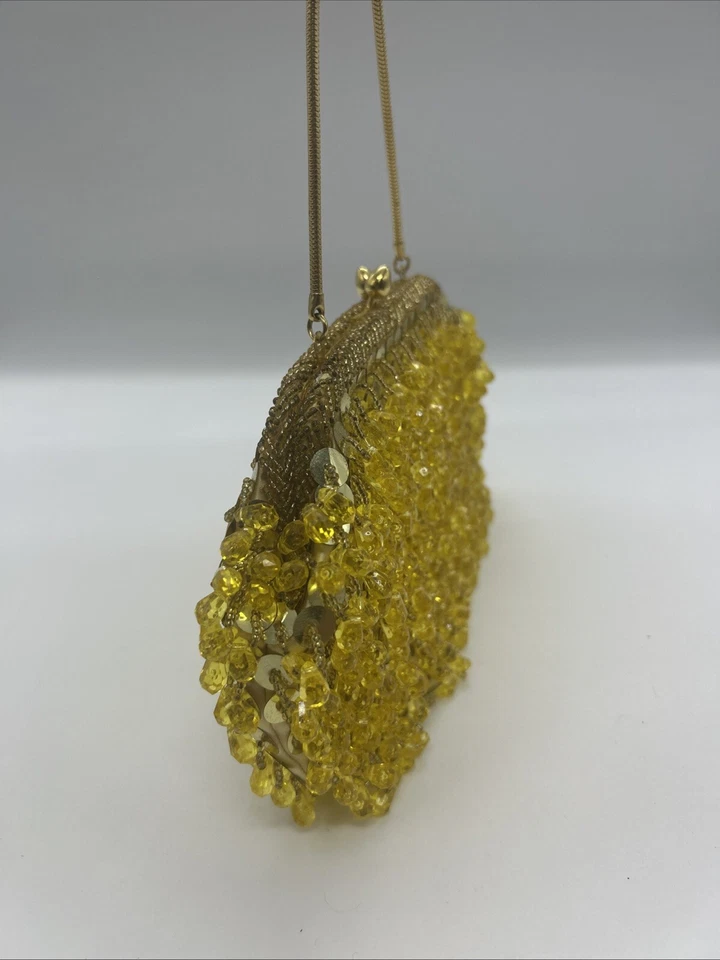 Vintage Beaded Sequin Evening Bag Clutch Disco Gold Kiss Lock Hong Kong - image 4 of 4