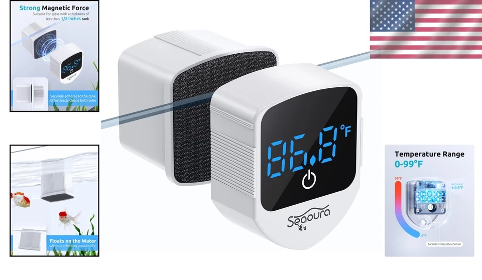 Compact 2-in-1 Magnetic Fish Tank Cleaner with Digital Thermometer - 1-30 Gallon - Image 2 of 4