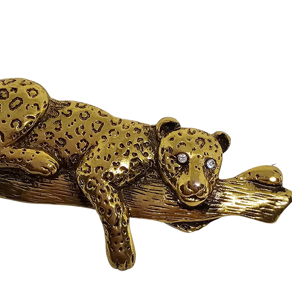 Vintage Gold Tone Leopard on a Jungle Tree Branch Brooch with