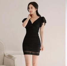 Women's 2024 Fashion Sexy Lace Mesh V Neck Hip Package Short Pencil Dress 3957  