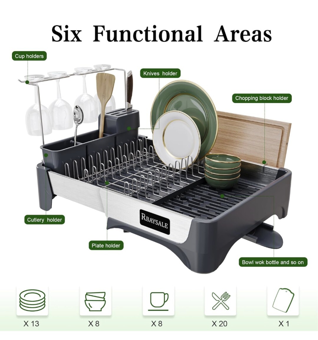 RBAYSALE Large Expandable Stainless Steel Dish Rack With Aluminum Pull