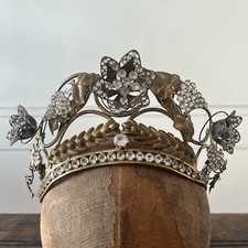 Antique Edwardian Metal Crown Rhinestone Flowers On Springs w. Wheat  Grapes