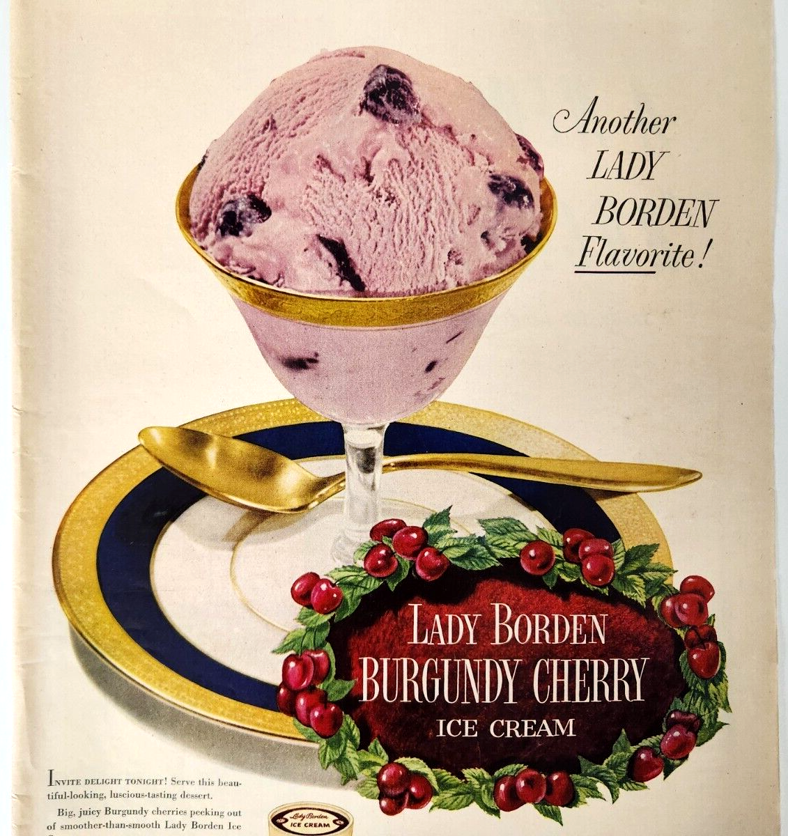 Lady Borden Burgundy Cherry Ice Cream Vintage 1951 Ad Magazine