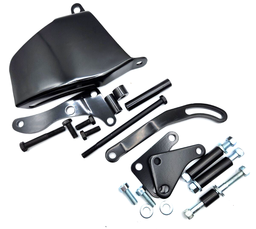 Black SB Chevy V-Belt Alternator & PS Brackets for 350 with Long Water Pump