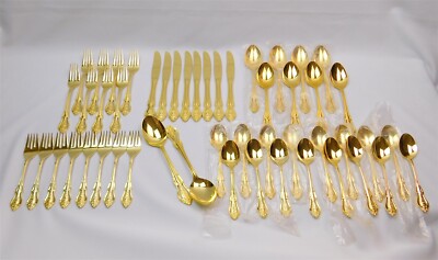 50 Pcs Lifetime Cutlery MONA LISA Gold Electroplated Stainless Flatware Japan