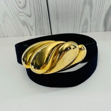 Vtg 80s Gold Tone Sea Shell Belt Buckle Black Velvet Size 8 Adjustable