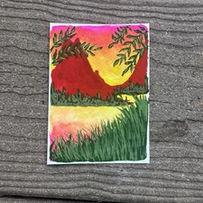 Aceo Original Red Mountain Gouache Painting Art Card