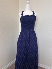 Women’s Blue Paisley Smocked Maxi Sundress Square Neck Strappy Ruffle