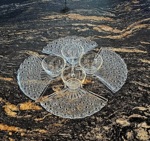 Anchor Hocking Vintage Pressed Glass Snack Plates Daisy Button Fan Shape