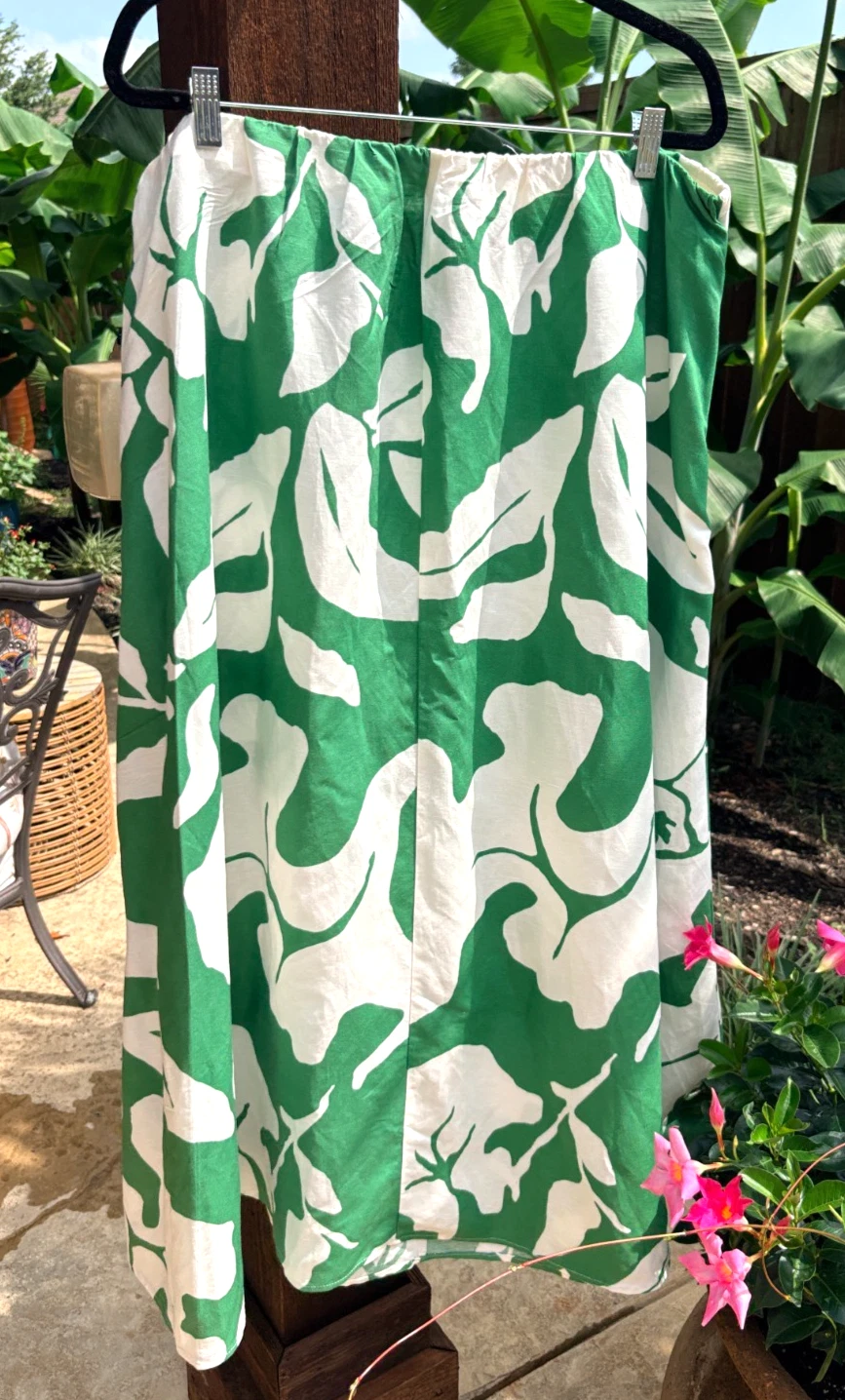 NWT H&M Skirt XL Maxi Linen Viscose Blend Green Tropical Floral A Line Resort