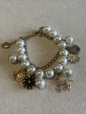 Betsey Johnson Charm Bracelet Faux Pearls Crystal Horse Equestrian Gold Coin