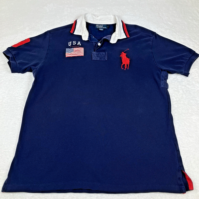 USA Flag Polo Shirt with Number 3 ビッグポニー VTG Polo Ralph Lauren Mens L Navy Pique Big Pony #3 USA Flag S/S