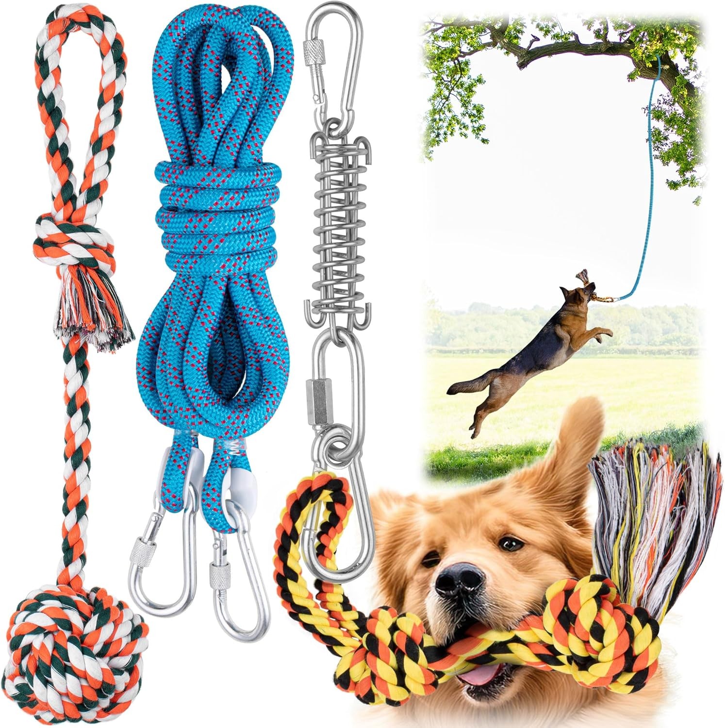 YES4QUALITY Dog Outdoor Bungee Hanging Toy, Blue Interactive Tug Toy Rope w/Met