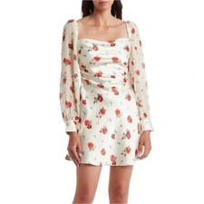 WeWoreWhat Puff Sleeve Cowl Neck Floral Satin Mini Dress Women's Cream Size 6