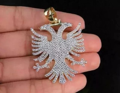 Real Moissanite 2.20Ct Round Cut Albanian Eagle Pendant 14K Yellow Gold Plated