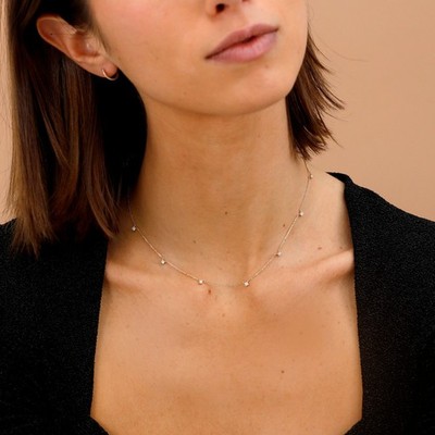 Round Cut Natural Diamond Station Necklace For Mother's Day Gift 14k Yellow Gold