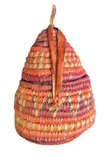 Coil Basket W/ Lid Multicolor Weaving 6” Tall 5” Wide Leather Bottom & Closures 