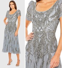 Mac Duggal 5434 Silver Beaded Size 10 Dress A-Line Tea Length Short Sleeves NWT