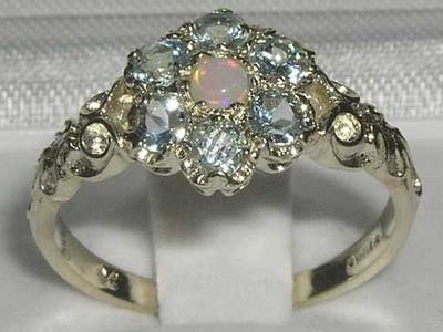 Viktorianischer massiv 925 Sterlingsilber natürlicher feuriger Opal & Aquamarin Gänseblümchenring