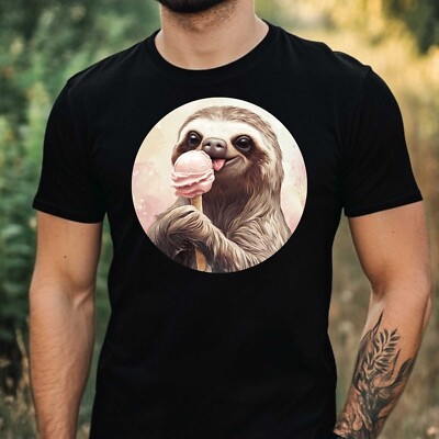 Herren T-Shirt Faultier isst Eis Motiv Baumwolle Größe XS bis 5XL