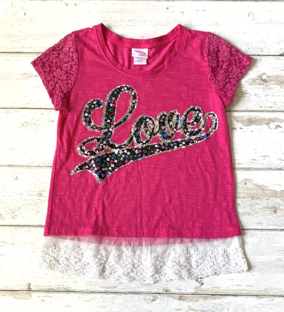 Girls 10/12 Pink Glitter Love Lace Shirt Ransom Girl Clothing Brand Size 10  12