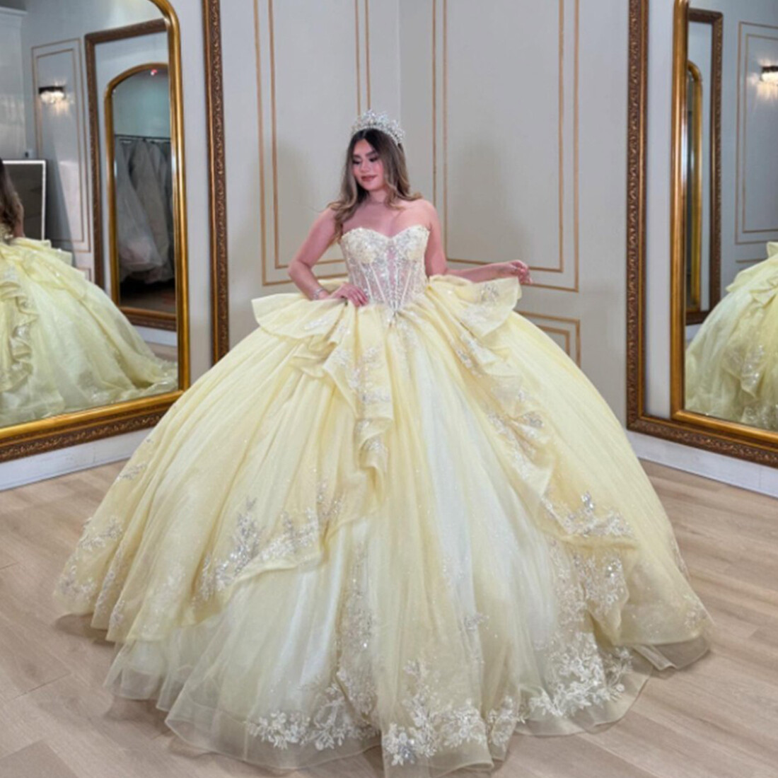 Yellow Quinceanera Dress Princess Sweet 15 16 Party Ball 3D Flower Ball  Dress