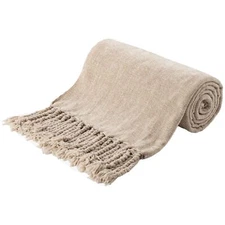 Beige Chenille Throw Blanket for Couch Decorative Fringe Velvety Khaki Tan Th...