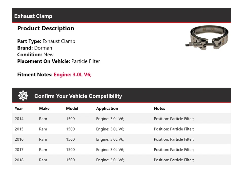 Фильтр частиц выхлопной зажим Dorman для 2014–2018 Ram 1500 3,0 л 2015 2016 - Изображение 2 из 4
