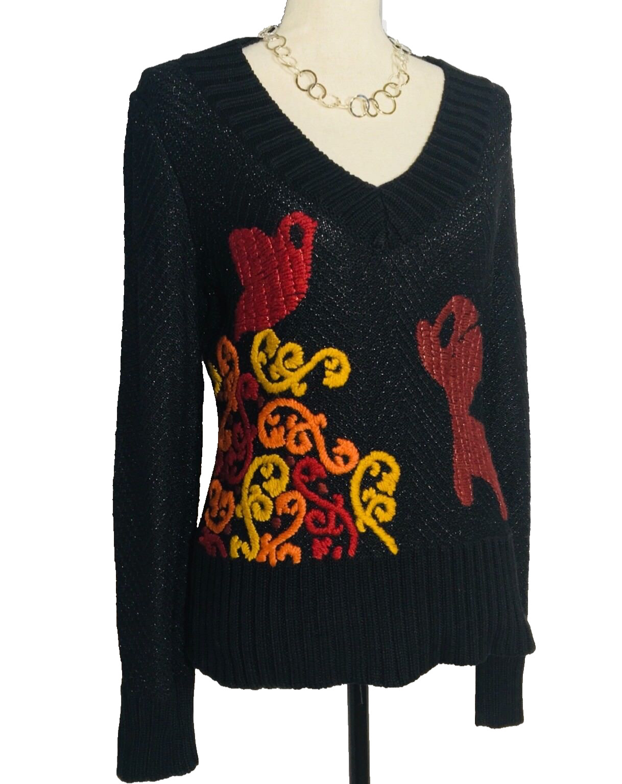 MICHAEL SIMON SWEATER S NWT SILK/COTTON HAND EMBROIDERED DOG BIRD METALLIC 