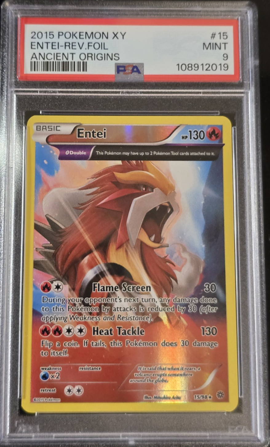 Pokemon TCG Entei 15/98 Reverse Foil 2015 XY Ancient Origins PSA 9 
