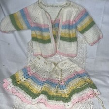 VINTAGE Crochet Pink Yellow Green  Blue Striped Baby Sweater  Skirt Size 2T