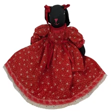 Primitive Folk Art Black Rabbit Doll Handmade in Red Dress