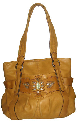 B. MAKOWSKY Camel Buttery Soft Leather Shoulder Hobo Bag Southwest Beading