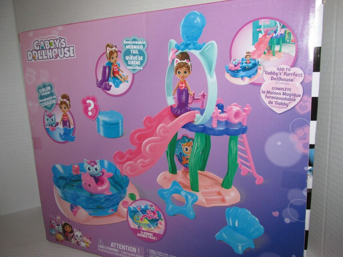 Gabby's Dollhouse, Purr-ific Pool Playset with Gabby and MerCat Figures,  Color-Changing Mermaid Tails and Pool Accessories