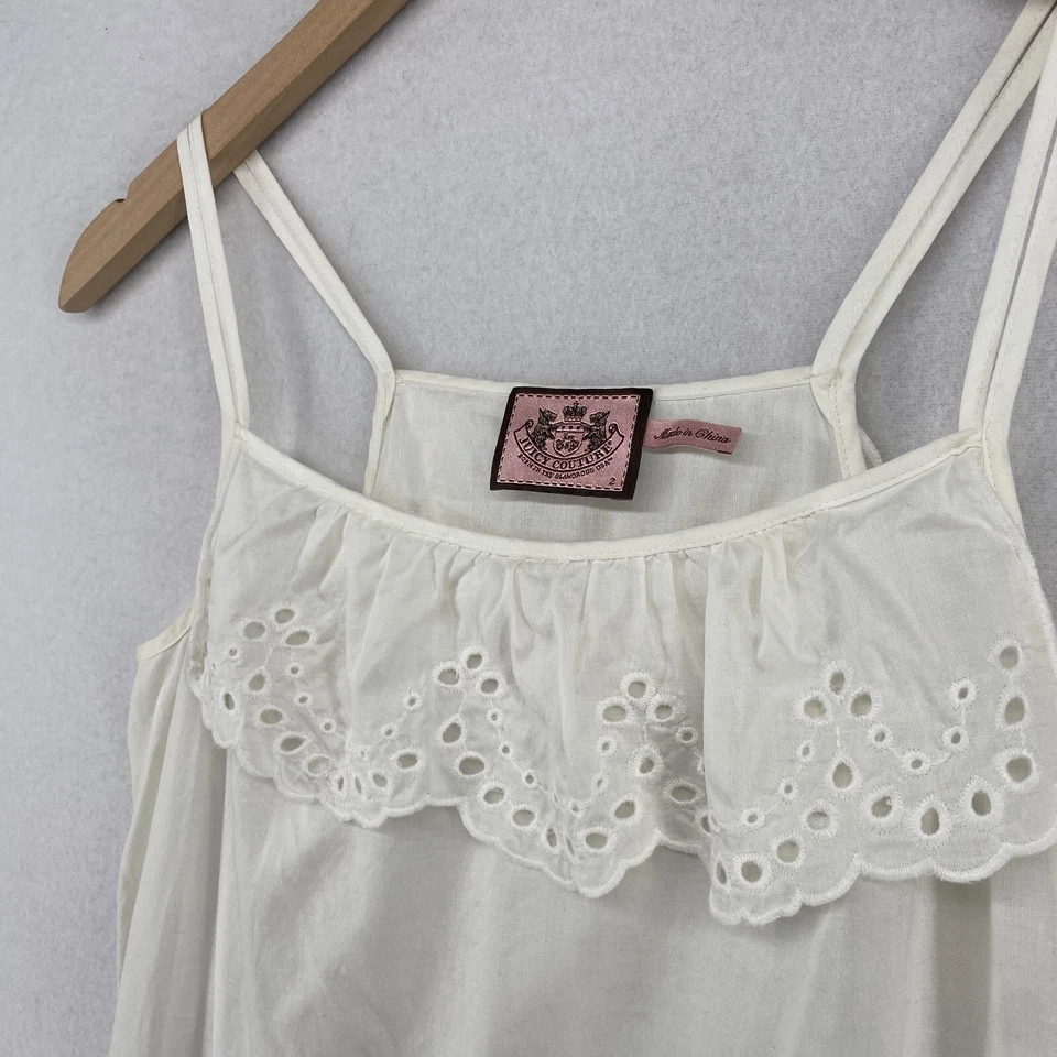 JUICY COUTURE Tank Top 2 Ruffle Eyelet Scallop Spaghetti Strap Cotton Off White - Image 2 of 4