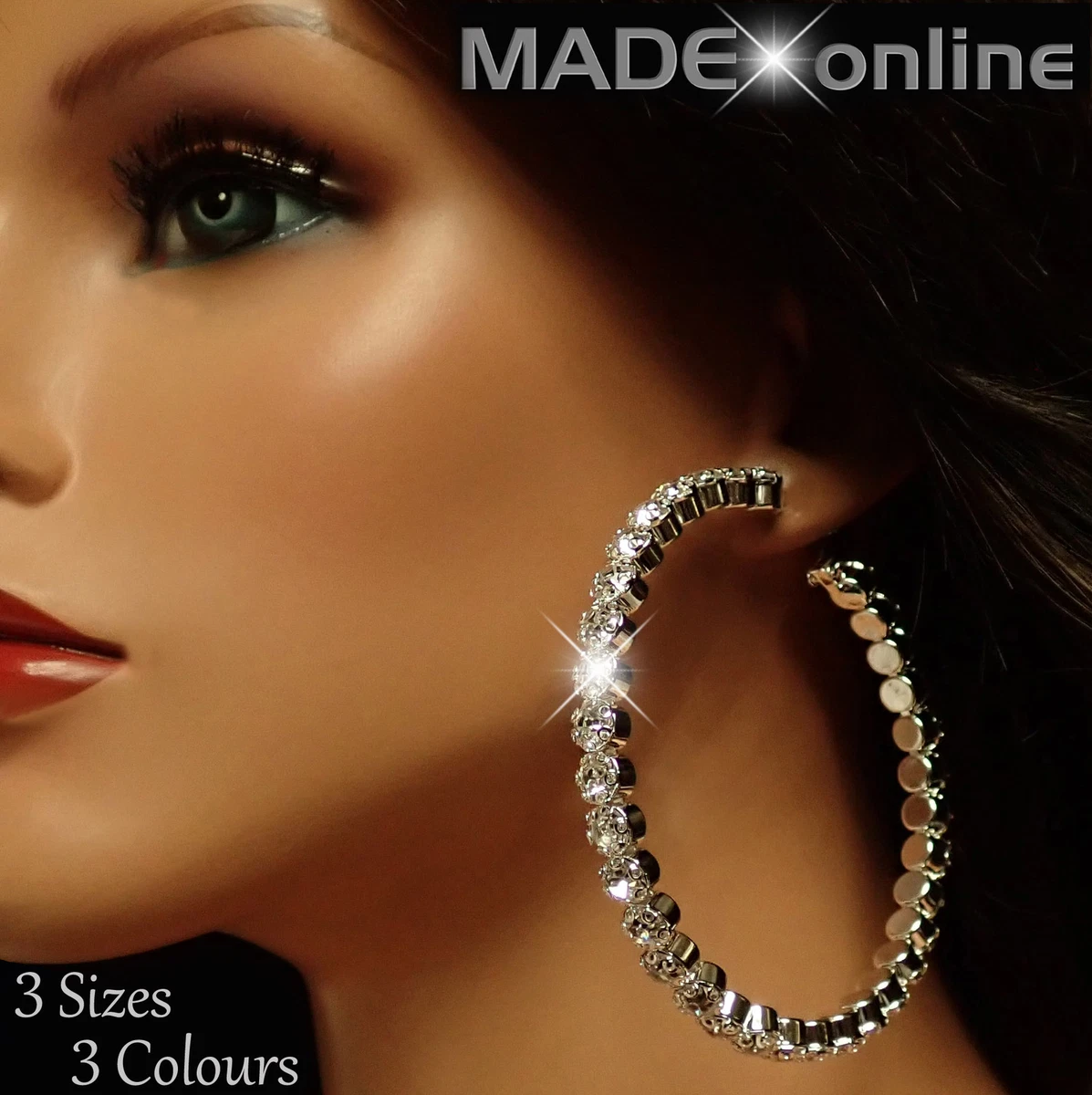 BIG Hoop Earrings Large Stone Sparkle Bling Loops Silver Rose