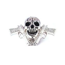 Skull Skeleton Head Revolver Hand Gun Rhinestone Silver Chrome Metal Belt Buckle